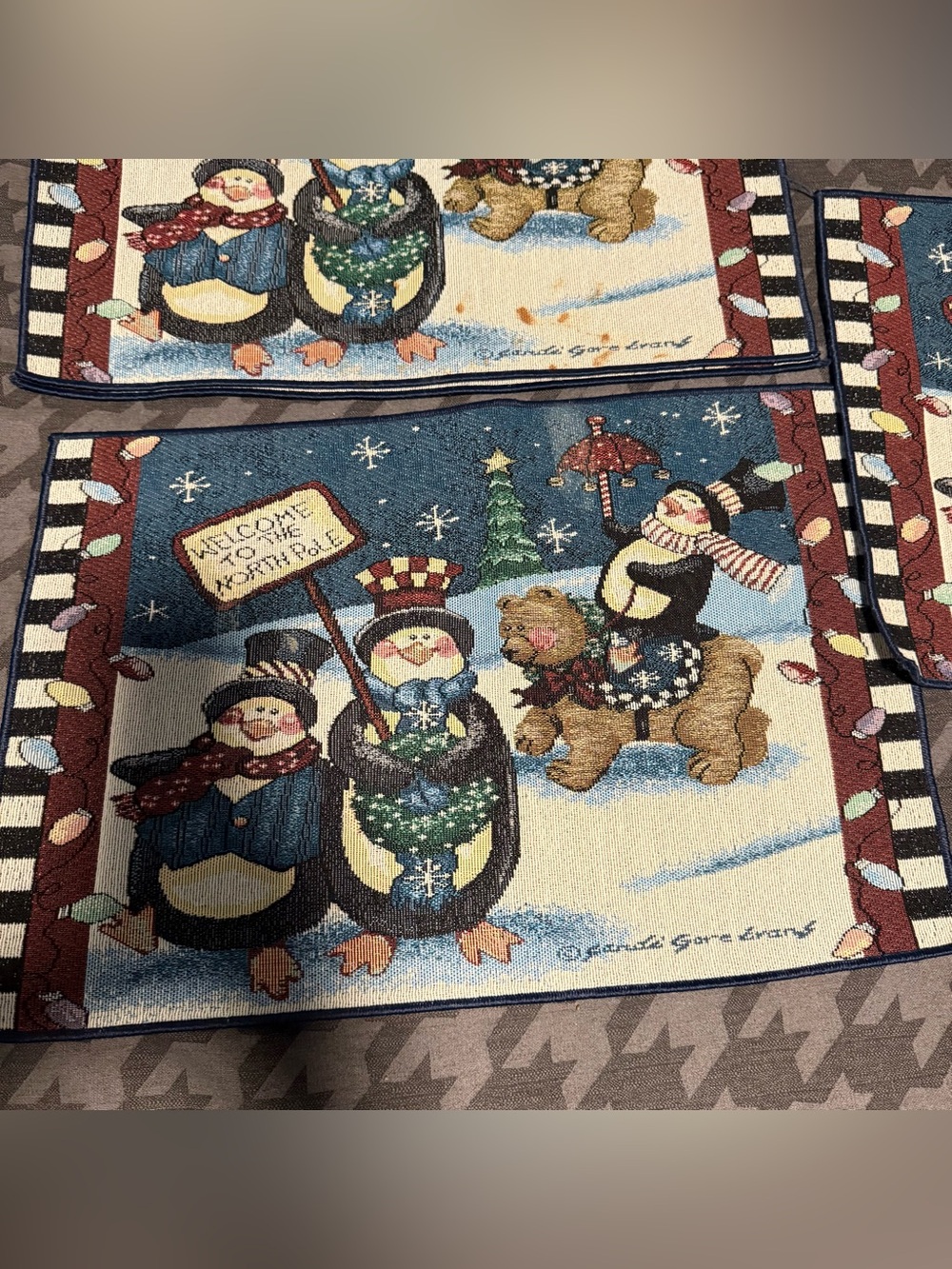Sandy Gore Evans blue tapestry penguin North Pole Christmas placemats lot of 4
